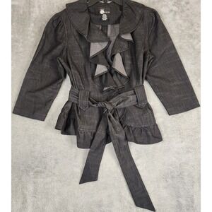First Option Jacket Womens Small Dark Gray Ruffle Peplum Belted 3/4 Sleeve